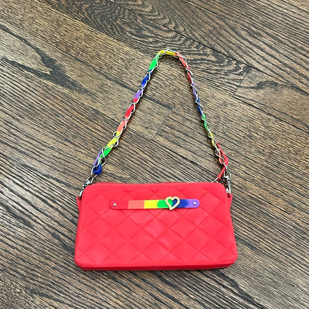 American jewel Gummy Bags Silicone Red Purse with ribbon chained removable strap